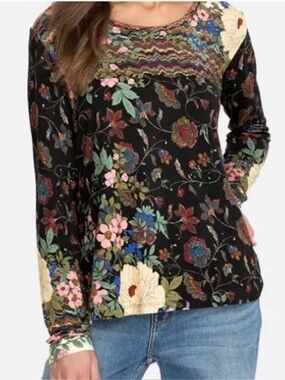 Johnny Was Bamboo Abstract Art to Wear Boat Neck Long Sleeve Floral Boho Top